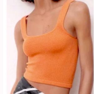 Zara Orange Stretchy Ribbed Cropped Tank in Seamless Textured Material NWOT